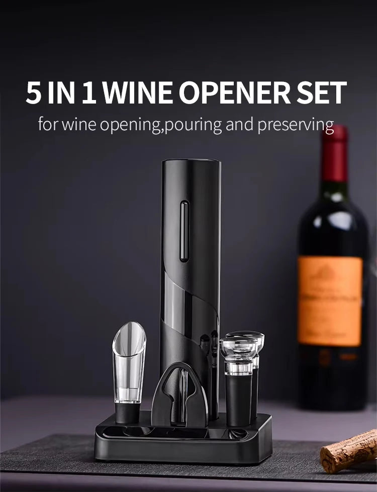 Multifunction Electric Automatic Corkscrew Wine Opener Set Wine stopper, Wine Pourer, Electric Bottle Opener with Storage Base